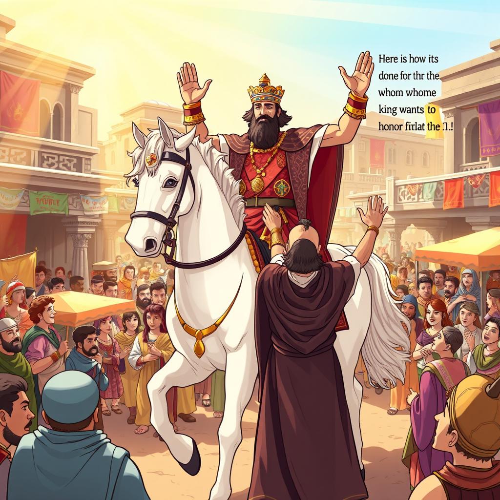 An illustrated biblical scene depicting Haman, dressed in regal attire, taking the royal clothing and a magnificent white horse