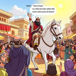 An illustrated biblical scene depicting Haman, dressed in regal attire, taking the royal clothing and a magnificent white horse