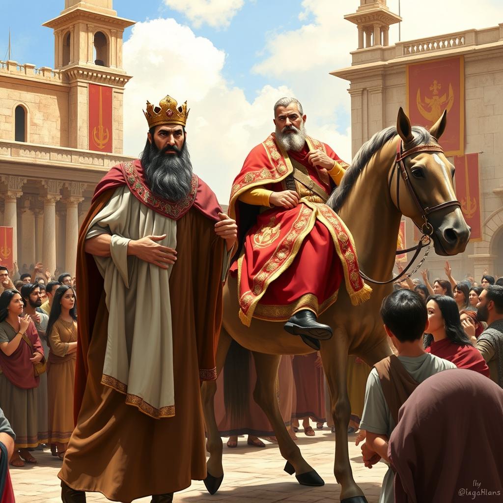 A dramatic scene from the Biblical story of Esther, depicting Haman leading Mordecai through the city square