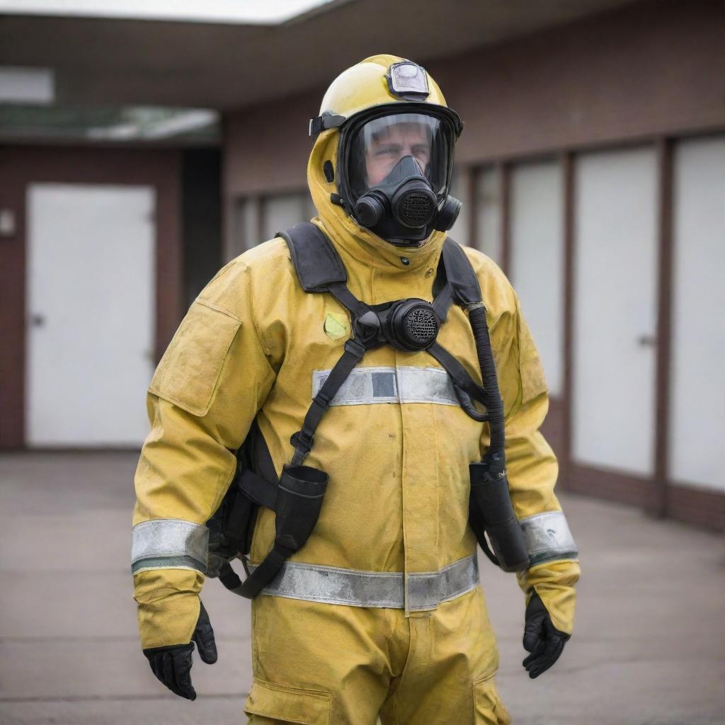 A brave firefighter dressed in a detailed, high-tech chemical protection suit, ready for action.