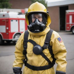 A brave firefighter dressed in a detailed, high-tech chemical protection suit, ready for action.