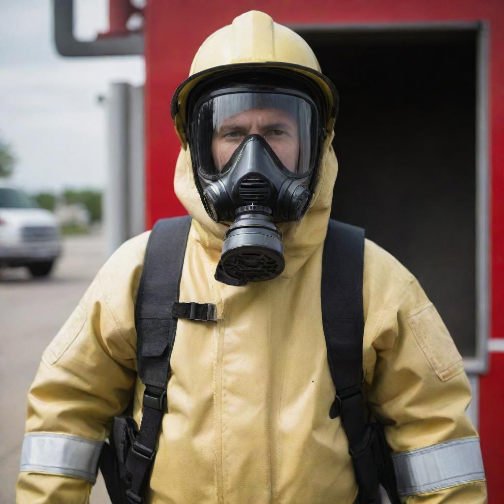 A brave firefighter dressed in a detailed, high-tech chemical protection suit, ready for action.