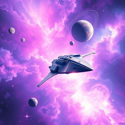 A breathtaking digital art scene depicting space exploration, showcasing a futuristic spaceship soaring through a vibrant nebula filled with swirling colors of purple, blue, and pink