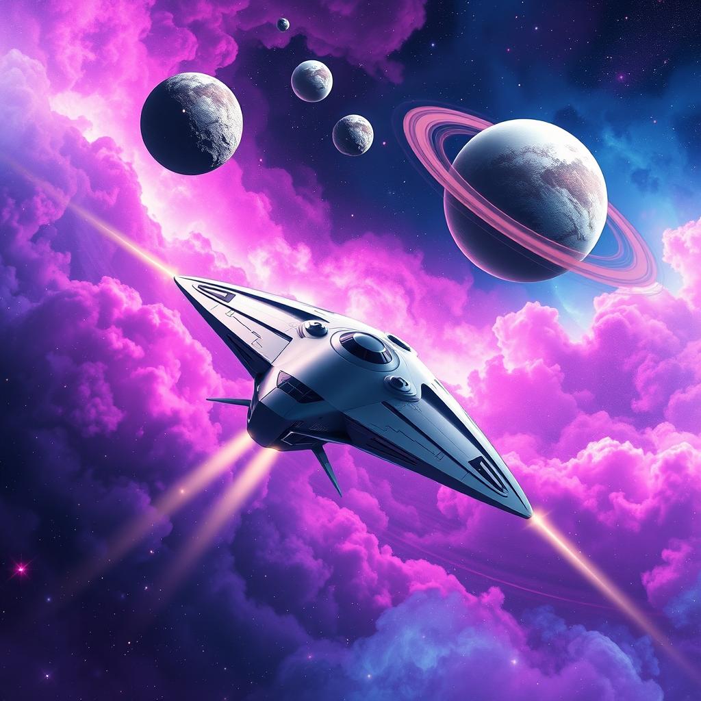 A breathtaking digital art scene depicting space exploration, showcasing a futuristic spaceship soaring through a vibrant nebula filled with swirling colors of purple, blue, and pink