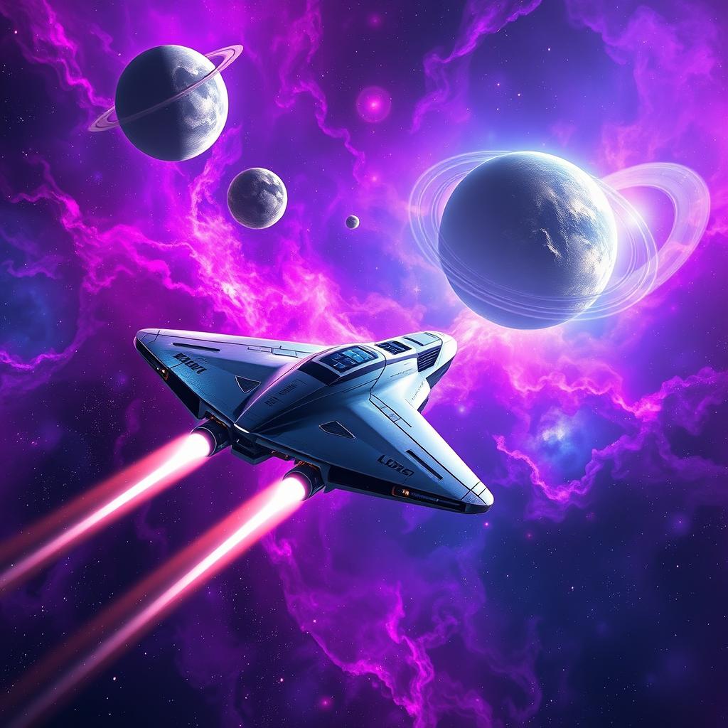 A breathtaking digital art scene depicting space exploration, showcasing a futuristic spaceship soaring through a vibrant nebula filled with swirling colors of purple, blue, and pink