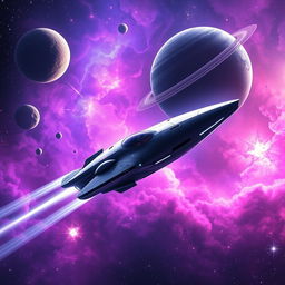 A breathtaking digital art scene depicting space exploration, showcasing a futuristic spaceship soaring through a vibrant nebula filled with swirling colors of purple, blue, and pink