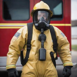 A brave firefighter dressed in a detailed, high-tech chemical protection suit, ready for action.