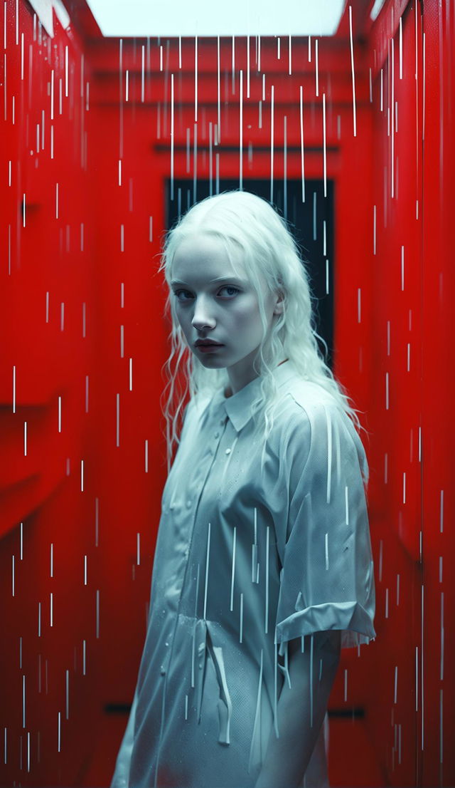 Albino teenage girl in white shift dress in a windowless minimalist red room where it's raining inside. Raw, unedited 16k photograph capturing side view of symmetrical facial features under low light.