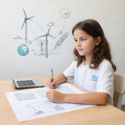 Create a simple but effective drawing capturing the influence of science and technology on society, including symbols like computers, smartphones, electric cars, wind turbines, and satellites.