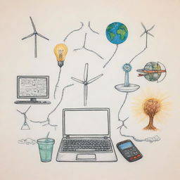 Create a simple but effective drawing capturing the influence of science and technology on society, including symbols like computers, smartphones, electric cars, wind turbines, and satellites.