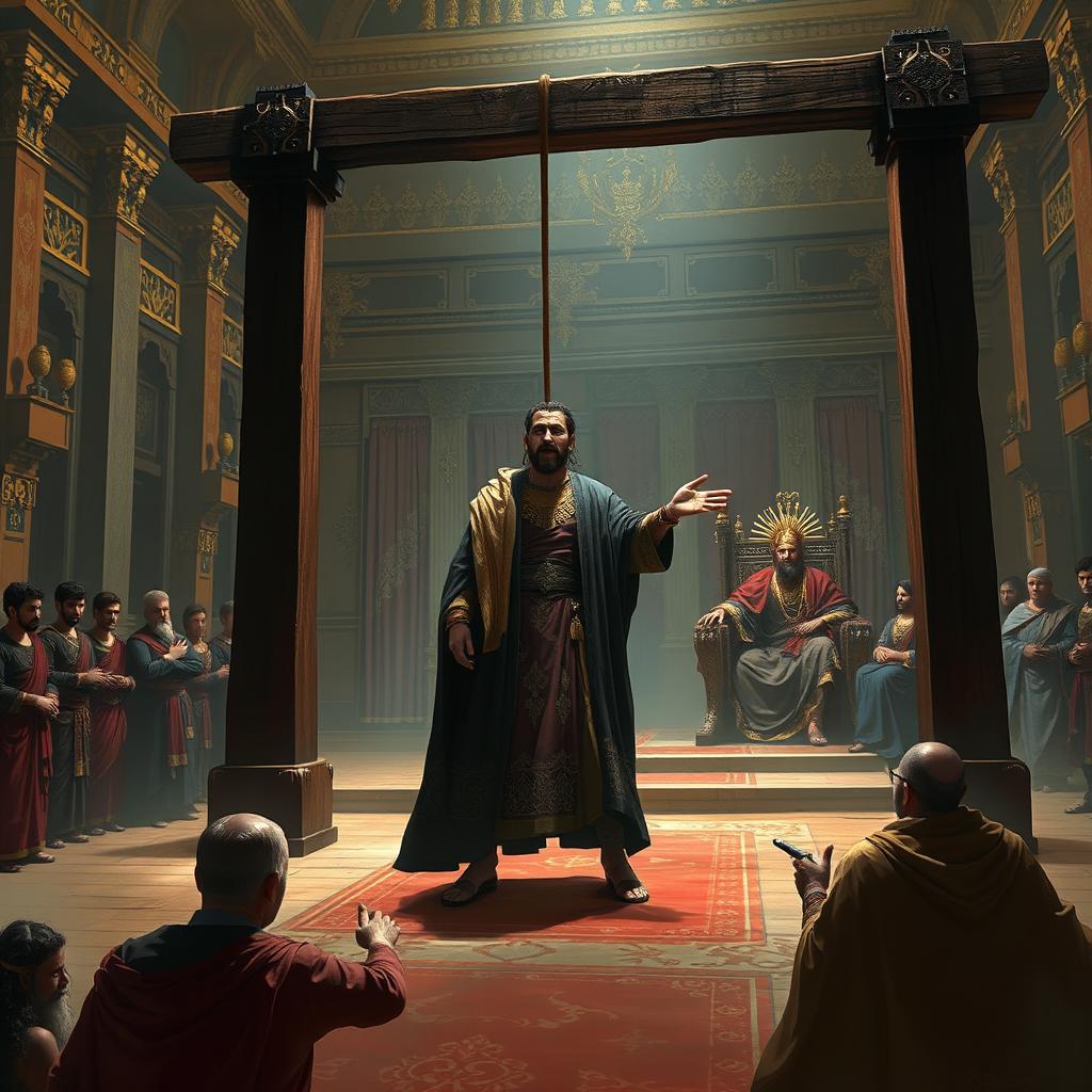 An intense and dramatic digital painting illustrating the scene of Haman's execution