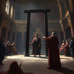 An intense and dramatic digital painting illustrating the scene of Haman's execution