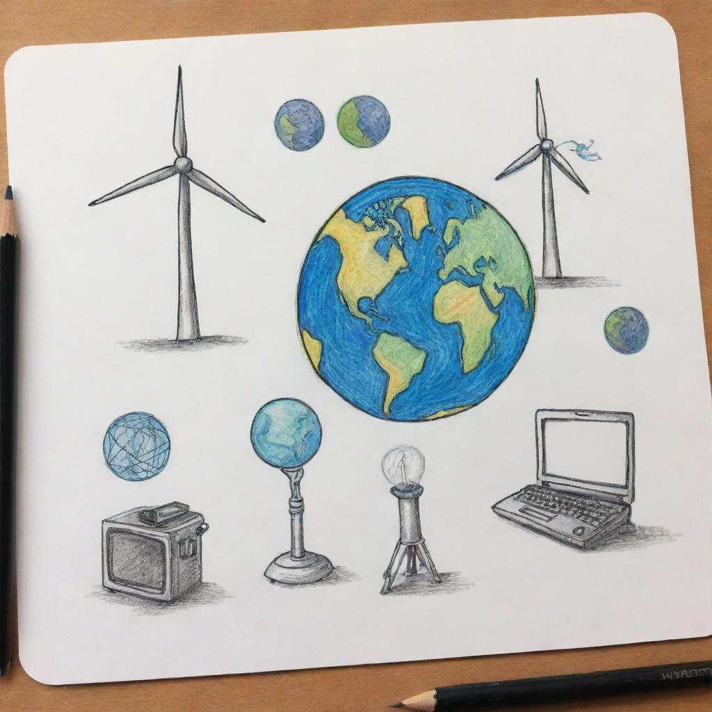 Create a simple but effective drawing capturing the influence of science and technology on society, including symbols like computers, smartphones, electric cars, wind turbines, and satellites.