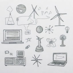 Create a simple but effective drawing capturing the influence of science and technology on society, including symbols like computers, smartphones, electric cars, wind turbines, and satellites.