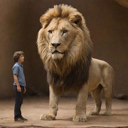 A courageous Daniel standing calmly next to the figure of an alpha lion in a lively reimagining of the lion's den scene.