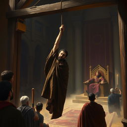 A powerful and dramatic digital painting depicting the scene of Haman's execution alongside a somber focus on the aftermath of his downfall