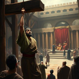 A powerful and dramatic digital painting depicting the scene of Haman's execution alongside a somber focus on the aftermath of his downfall