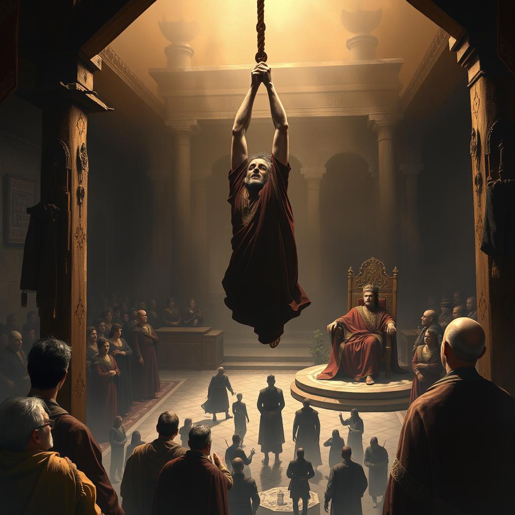 A powerful and dramatic digital painting depicting the scene of Haman's execution alongside a somber focus on the aftermath of his downfall