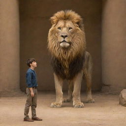 A courageous Daniel standing calmly next to the figure of an alpha lion in a lively reimagining of the lion's den scene.