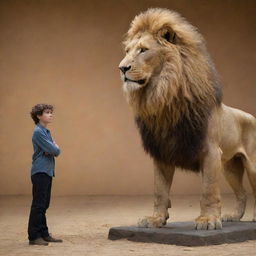 A courageous Daniel standing calmly next to the figure of an alpha lion in a lively reimagining of the lion's den scene.