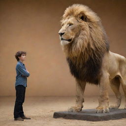 A courageous Daniel standing calmly next to the figure of an alpha lion in a lively reimagining of the lion's den scene.