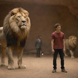 A courageous Daniel standing calmly next to the figure of an alpha lion in a lively reimagining of the lion's den scene.