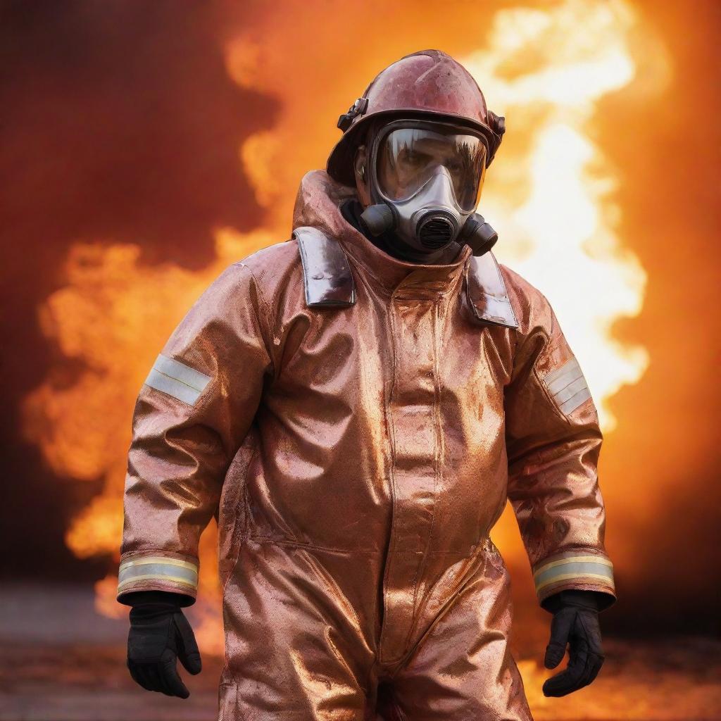 A brave fireman in a shiny, protective chemical suit stands ready for action, with a fiery, burning background engulfing the scene in orange and red hues.