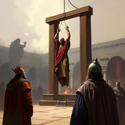 A dramatic and intense digital painting depicting the execution of Haman