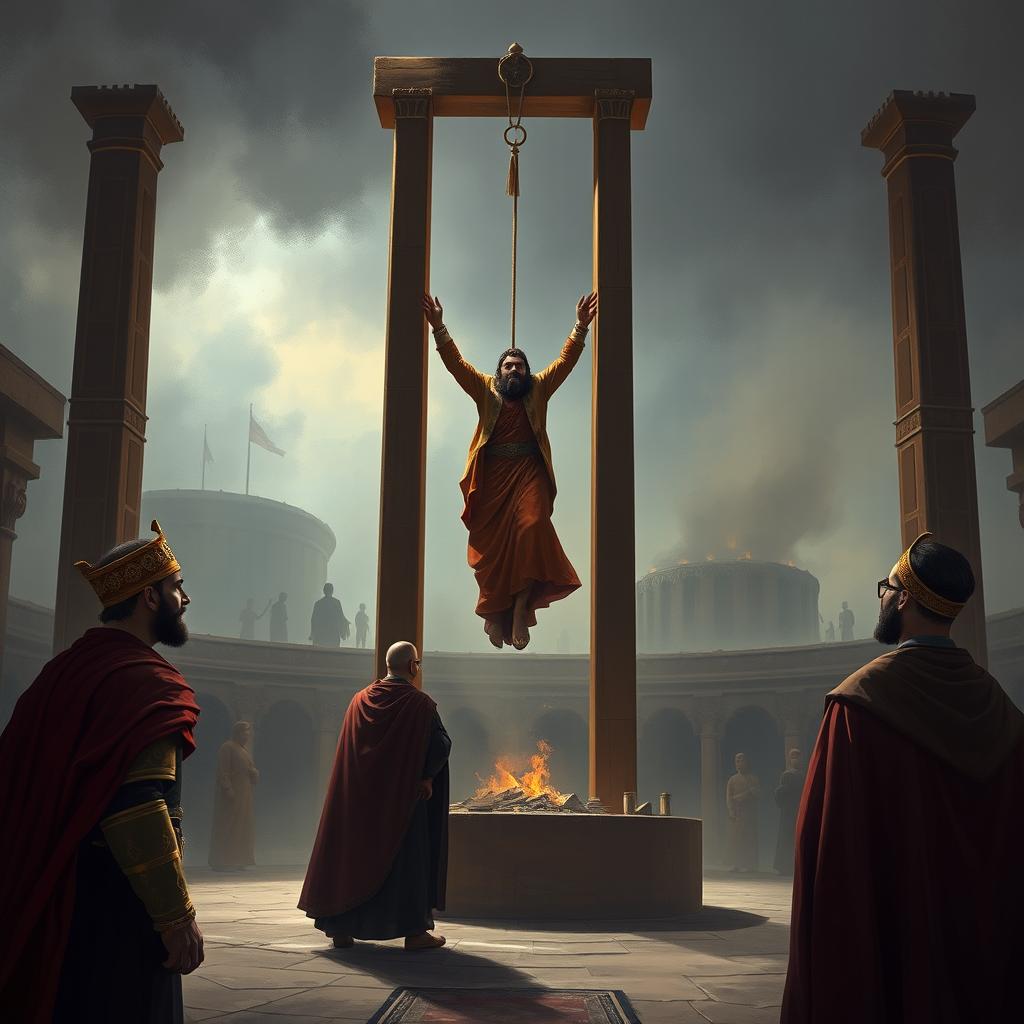 A dramatic and intense digital painting depicting the execution of Haman