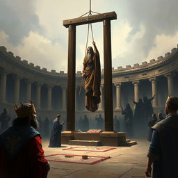 A dramatic and intense digital painting depicting the execution of Haman