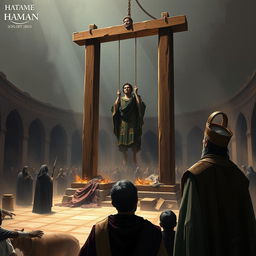 A dramatic and intense digital painting depicting the execution of Haman