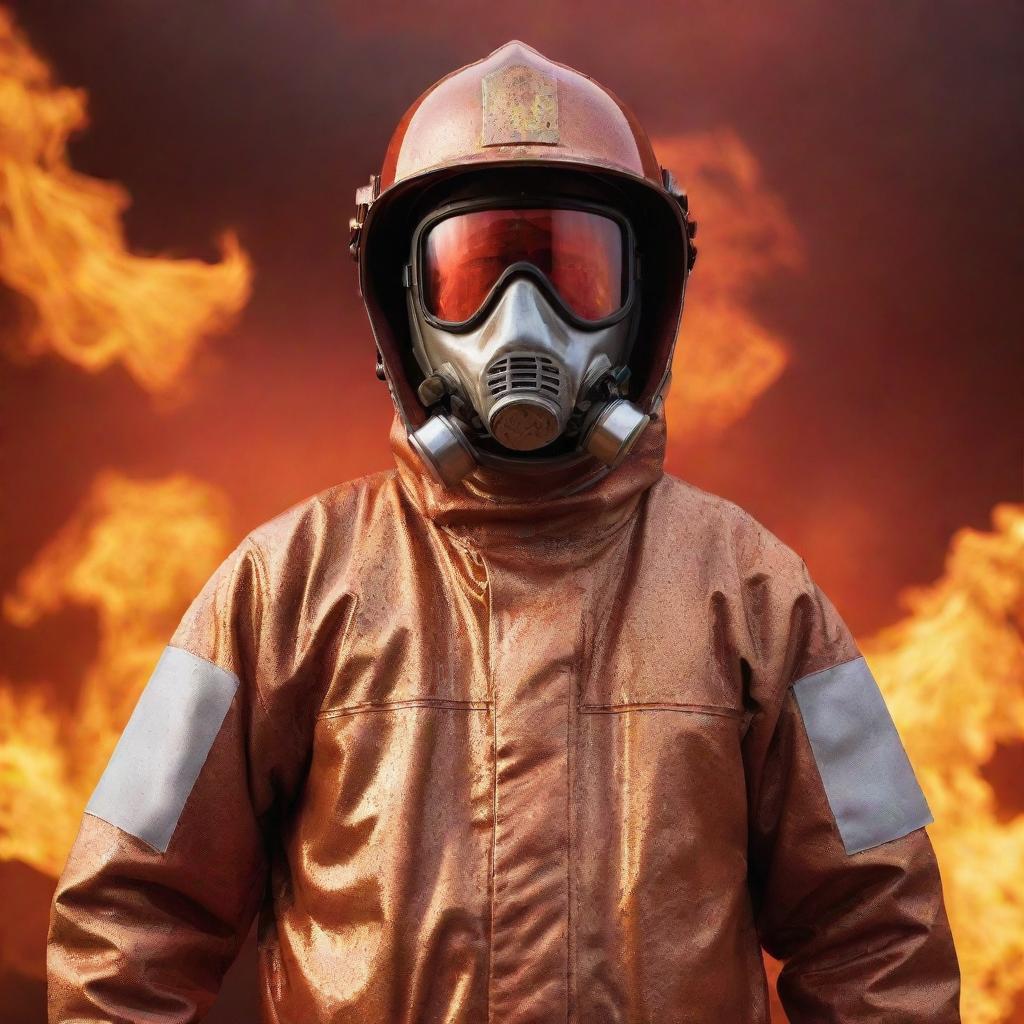 A brave fireman in a shiny, protective chemical suit stands ready for action, with a fiery, burning background engulfing the scene in orange and red hues.