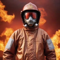 A brave fireman in a shiny, protective chemical suit stands ready for action, with a fiery, burning background engulfing the scene in orange and red hues.