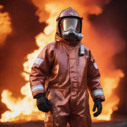 A brave fireman in a shiny, protective chemical suit stands ready for action, with a fiery, burning background engulfing the scene in orange and red hues.