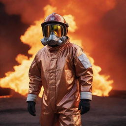 A brave fireman in a shiny, protective chemical suit stands ready for action, with a fiery, burning background engulfing the scene in orange and red hues.