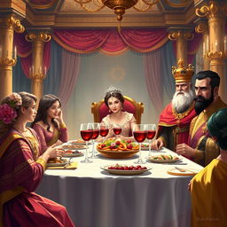 A vibrant and elegant digital painting depicting the banquet hosted by Queen Esther