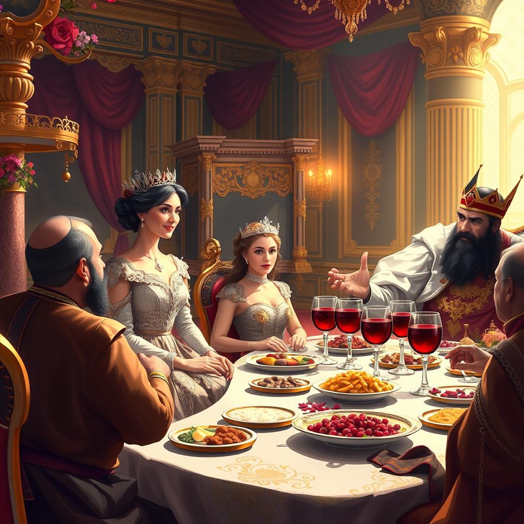 A vibrant and elegant digital painting depicting the banquet hosted by Queen Esther