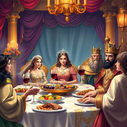 A vibrant and elegant digital painting depicting the banquet hosted by Queen Esther