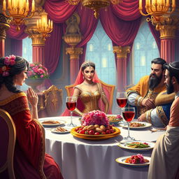 A vibrant and elegant digital painting depicting the banquet hosted by Queen Esther