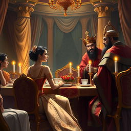 A vibrant and regal digital painting depicting the intimate banquet scene with Queen Esther, King Ahasuerus, and Haman