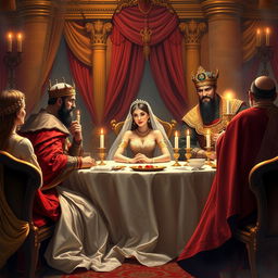 A vibrant and regal digital painting depicting the intimate banquet scene with Queen Esther, King Ahasuerus, and Haman