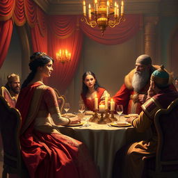 A vibrant and regal digital painting depicting the intimate banquet scene with Queen Esther, King Ahasuerus, and Haman