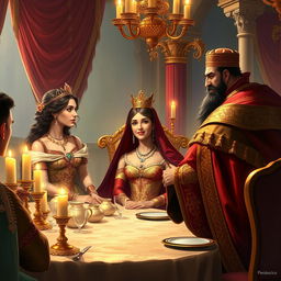 A vibrant and regal digital painting depicting the intimate banquet scene with Queen Esther, King Ahasuerus, and Haman