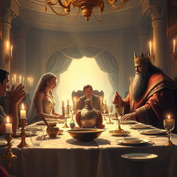 A captivating digital painting illustrating the banquet scene featuring Queen Esther, King Ahasuerus, and Haman