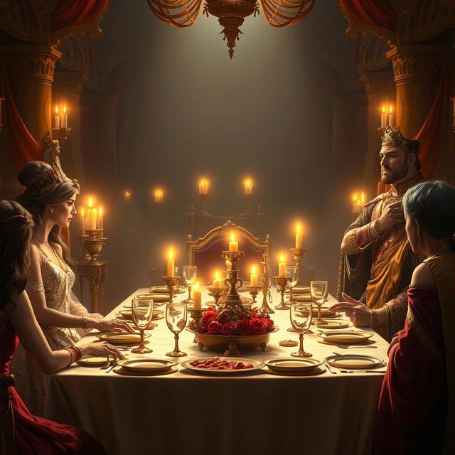 A captivating digital painting illustrating the banquet scene featuring Queen Esther, King Ahasuerus, and Haman