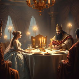 A captivating digital painting illustrating the banquet scene featuring Queen Esther, King Ahasuerus, and Haman