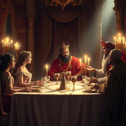 A captivating digital painting illustrating the banquet scene featuring Queen Esther, King Ahasuerus, and Haman