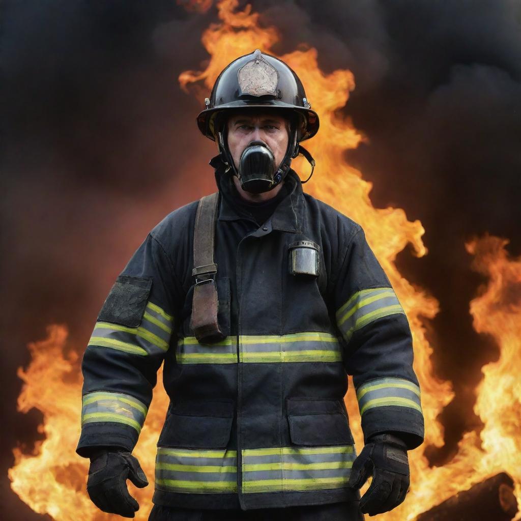 A brave fireman in full battle gear, standing confidently against a dramatic background of roaring, raging flames.