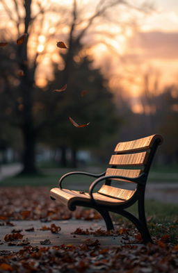 A beautifully melancholic scene depicting a deserted park bench under the golden hour light, surrounded by falling autumn leaves