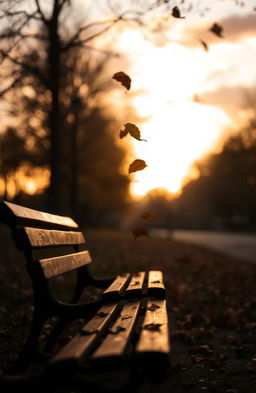 A beautifully melancholic scene depicting a deserted park bench under the golden hour light, surrounded by falling autumn leaves